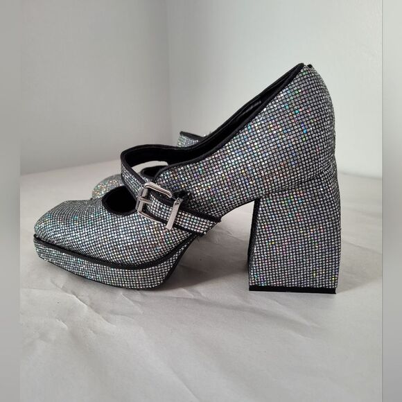 Sparkle Chunky Heel Platform Mary Jane Buckle Shoes Disco Glitter Bratz GB 7.5 - Picture 4 of 10